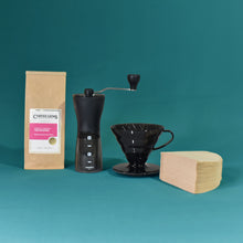 Load image into Gallery viewer, Hario V60 Transparent Black Coffee Dripper + Hario Hand Grinder + 200g Roaster&#39;s Choice Coffee Bag