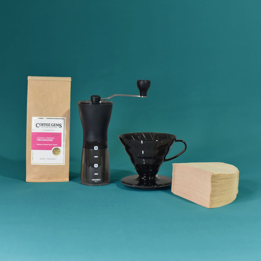 Hario V60 Transparent Black Coffee Dripper + Hario Hand Grinder + 200g Roaster's Choice Coffee Bag