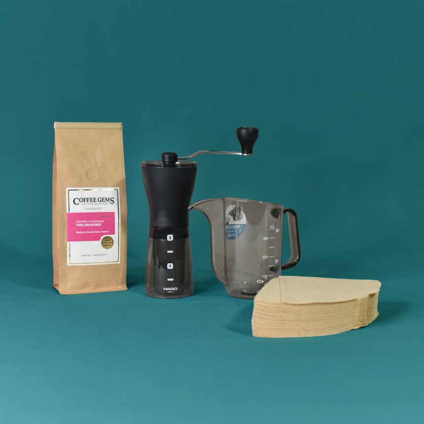 Hario Mini Plus Grinder Gift Set + 200g Roaster's Choice Coffee Bag