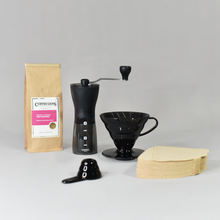 Load image into Gallery viewer, Hario V60 Transparent Black Coffee Dripper + Hario Hand Grinder + 200g Roaster&#39;s Choice Coffee Bag