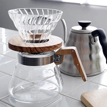Load image into Gallery viewer, Hario V60 Glass Coffee Dripper/Olive Wood + 200g Roaster&#39;s Choice Coffee Bag