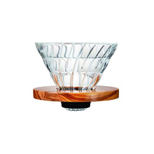 Load image into Gallery viewer, Hario V60 Glass Coffee Dripper/Olive Wood + 200g Roaster&#39;s Choice Coffee Bag