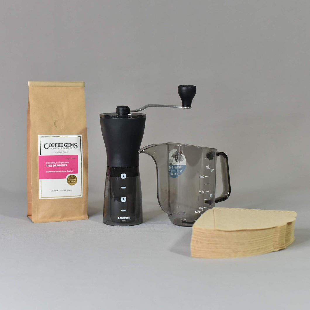Hario Mini Plus Grinder Gift Set + 200g Roaster's Choice Coffee Bag